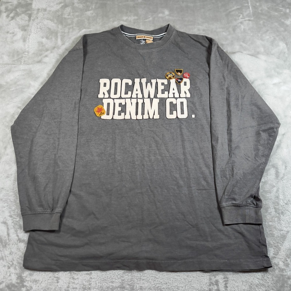 Vintage Rocawear Denim Co Shirt Men 3XL Gray Long Sleeve Patches Embroidered Y2K